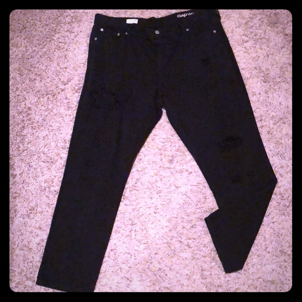 Gap Black denim & army green ripped knee jeans.